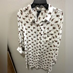 Intro❤️ Holly Berry Print Button Down Oversized Blouse